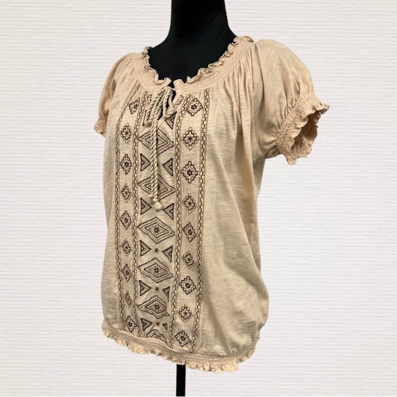 ST JOHN'S BAY Cream w/Brown Tribal Embroidery Boho Top, Cotton, Size Small - Picture 9 of 9